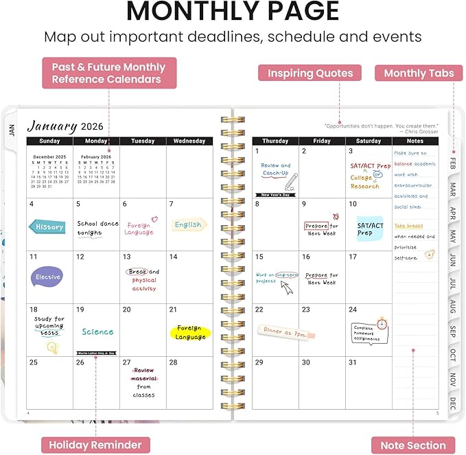 2026 Planner, Monthly and Weekly Calendar Planner for Women, Jan 2026 - Dec 2026, Hardcover Pretty 2026 Agenda Planner Book with Tabs, Spiral Bound, Perfect for School Office Home Supplies, 6.3" x 8.5" - Painted Bloom