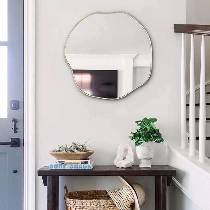 POZINO Asymmetrical Mirror, 25" Irregular Wall Mirrors, Gold Scalloped Rounded Mirror, Modern Frameless Abstract Mirrors for Bathroom Living Room Bedroom Entryway Fireplace