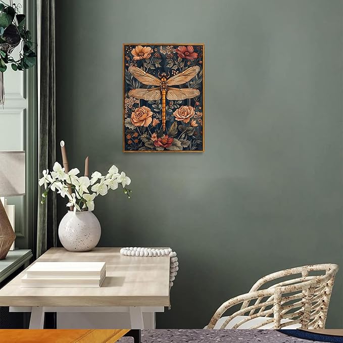 Djmwtb Framed Vintage Wall Art, Dragonfly Wall Decor,Nature Botanical Wall Art for Bedroom, Flower Pictures Paintings Canvas Artwork Prints for Living Room 16x24in