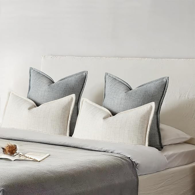 26x26 Linen Euro Sham Pillow Covers Steel Blue Pack of 2 Farmhouse Boho Neutral Accents Striped Textured Square Decorative Throw Pillow Cases for Living Room Couch Bed Home Decor