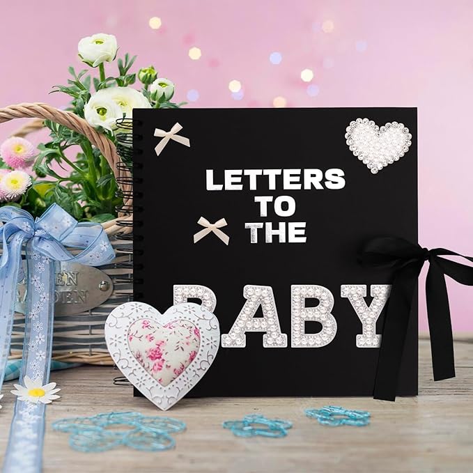 BINBE 8 x 8 Inch Letters to The Baby Scrapbook DIY Blank Paper Album Memory Book for Kids Sign with Pearl Scrapbook Photo Stickers, Metallic Letters, Bows (Black)