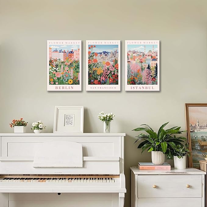 XLARTMY Flower Market Wall Art Prints Canvas Orange and Pink Floral Paintings Colorful Botanical Travel Flower Posters for Home Decor Pictures Set of 3 for Living Room Bedroom 16x24in Unframed