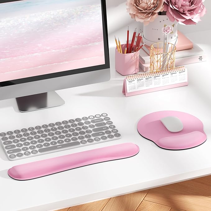 KTRIO Ergonomic Keyboard Wrist Rest, Memory Foam Mouse Pad with Wrist Rest for Computer Keyboard, Mouse Pad Set for Easy Typing & Pain Relief for Office & Home, Pale Pink