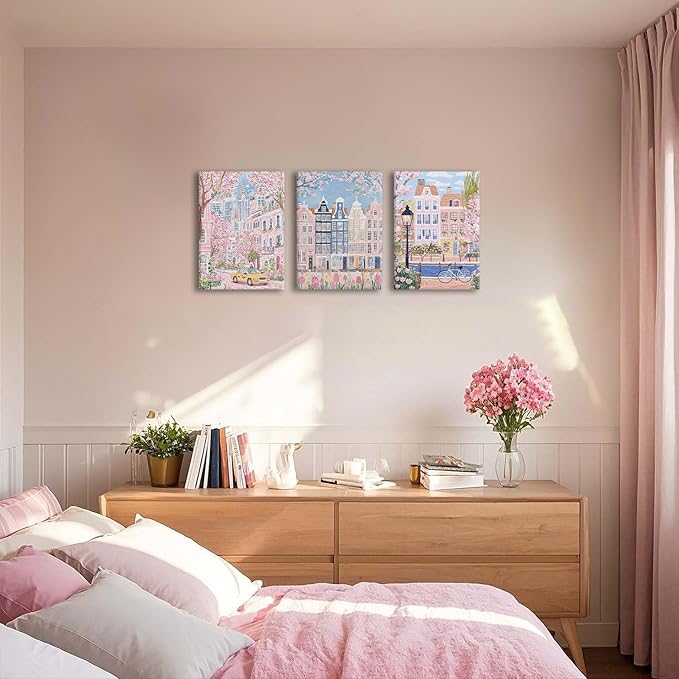 XLARTMY Watercolor City Landscape Travel Wall Art Canvas Framed Pink Cherry Flower Poster Girly Prints Painting Pictures Set of 3 for Bedroom Living Room Office 12x16in