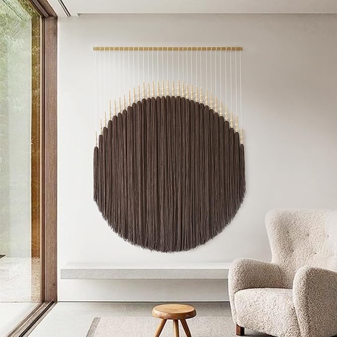 IOWER Macrame Wall Hanging Brown Yarn Wall Art Beaded Boho Wall Decor Round Tassel Handmade Home Wall Aesthetic Living Rooms Bedrooms Offices Home Decor 39" W x 55" L