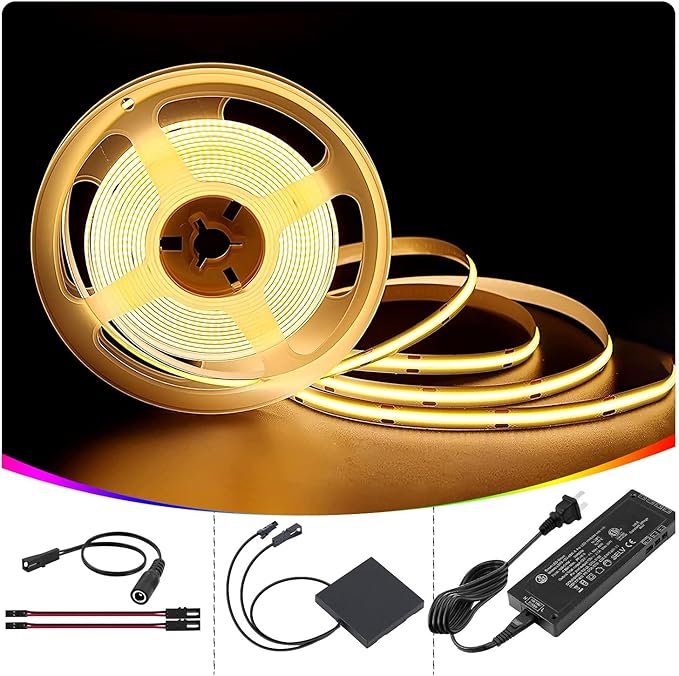 VST 8mm 16.4ft COB LED Strip Lights Warm White 2700K, 24V LED Tape Light, 48w, 2640 LEDs, Ra 93+, for Cabinets, UL Listed with ETL Certified 48W Power Supply and Touch Switch