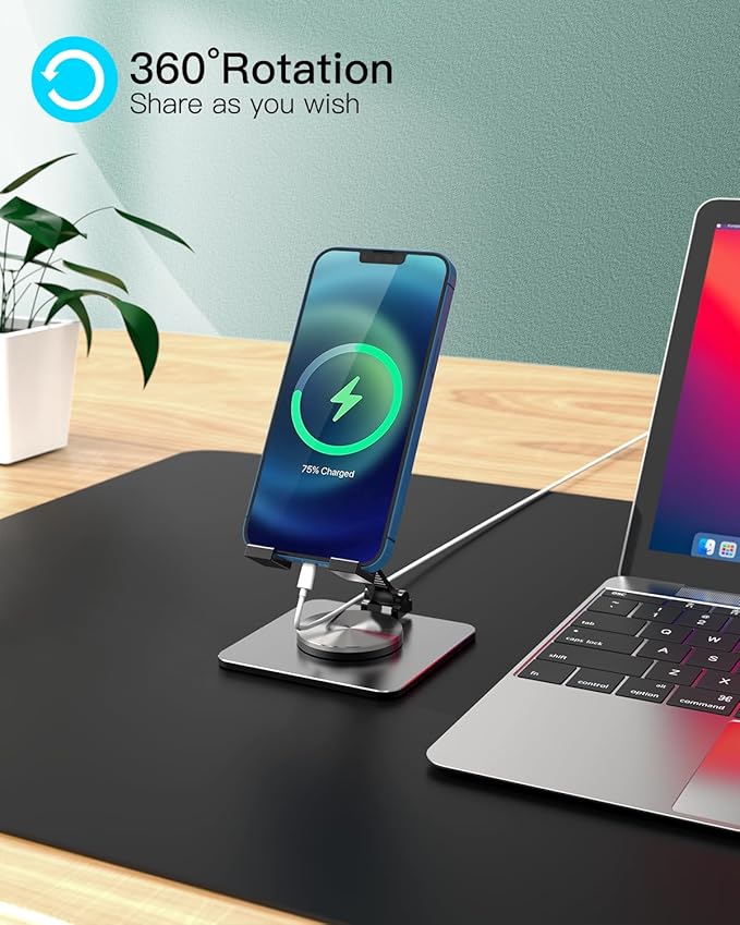 Cell Phone & Tablet Stand for Desk, Aluminum Adjustable Holder for iPhone, iPad & Smartphones || Foldable Mount with 360° Swivel, Stable Base & Portable Design for 4–9.7in Devices, Grey