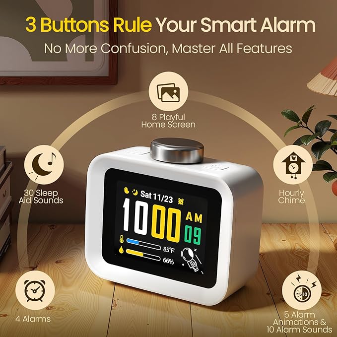 AIRIVO Alarm Clock, Colorful LCD Display with 8 Visual Themes, 4 Digital Alarms with 30 White Noise for Bedrooms, 112dB Loud Alarm Clock with Hourly Chime for Heavy Sleepers, Gift for Kids Teens