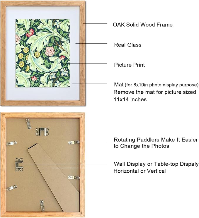 11x14 Picture Frame Set of 4 OAK Solid Wood with Real Glass for Pictures 8x10 with Mat or 11x14 Without Mat, Wall Mount or Tabletop Gallery Photo Frames(4 Pack, Oak)