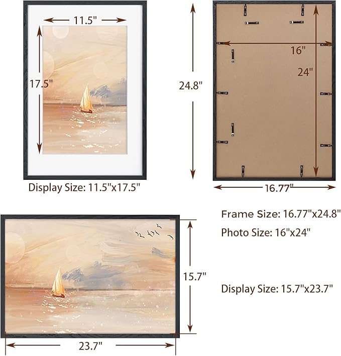 Fun Memories Black 16x24 Picture Frame, Oak Wood 16 x 24 Poster Frames Set of 2, Rustic 16 by 24 Frame for Wall, 16x24 Frame with Mat for 12x18, Tempered Real Glass