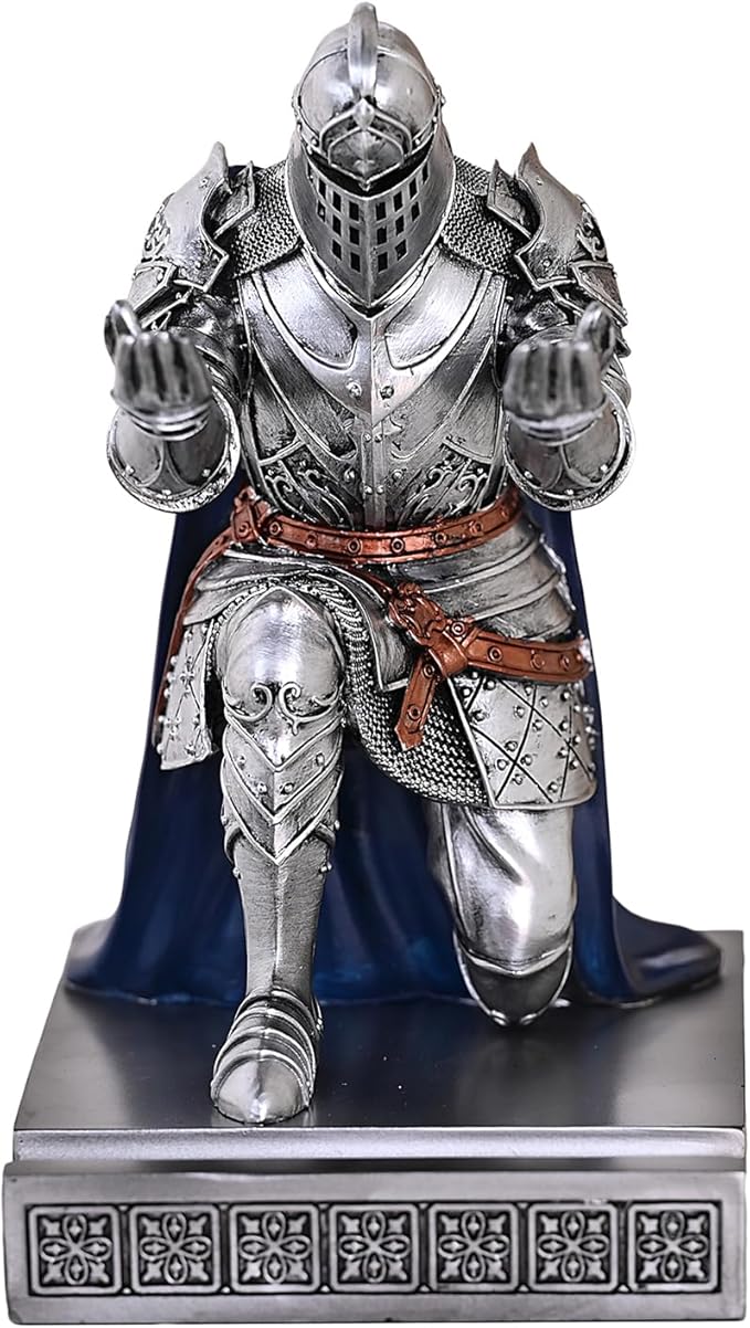 King's Guard Leader Cloak Warrior Knight Pen Holder Mobile Phone Stand, Ornament Knight Statue, Pen Stand Paperweight for Office and Home (SilverBlue)