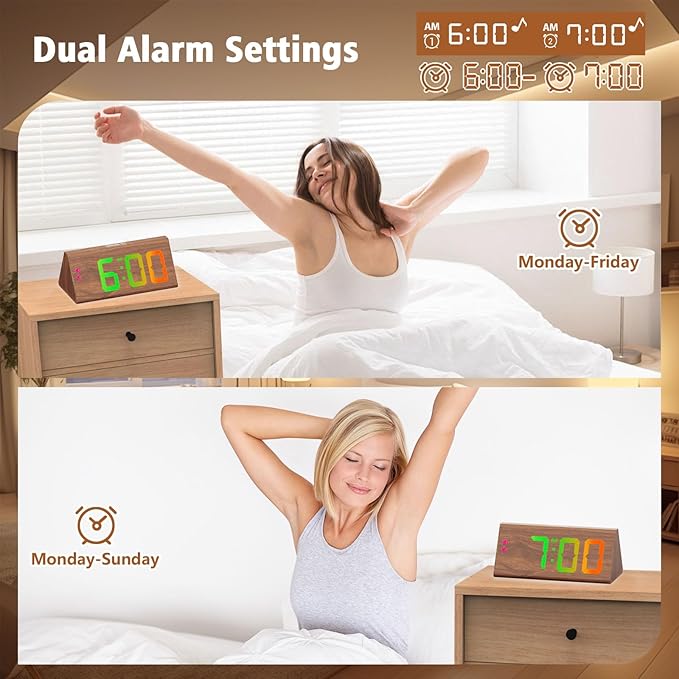 Wooden Digital Alarm Clock with Dual USB Charging Ports, DST, Dimmable, Snooze, RGB Colors, Modern Large Time Display LED Clock for Kids Bedrooms, Living Room, Desk, Table, Bedside, Nightstand (Brown)