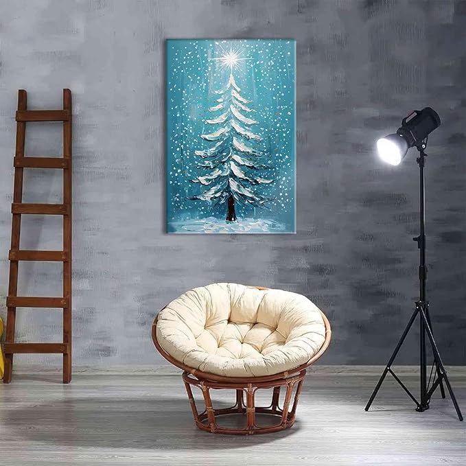 Framed Canvas Wall Art Blue Christmas Tree Print Merry Christmas Wall Decor Holiday Nature Gift Holiday Poster 16x24in Wood Framed
