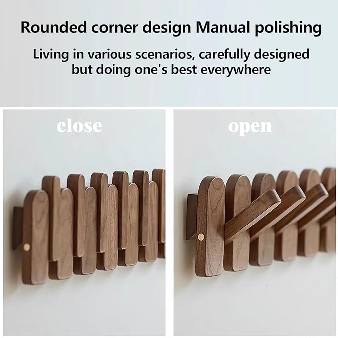Wall Mounted Coat RackHooks Piano Key Hangers Natural Solid Wood Hanger Non-Woven Fabric Clothes Hangers for Closet, Kitchen, Bedroom, Bathroom, Entryway (Moon-Beech, 6 Hooks)
