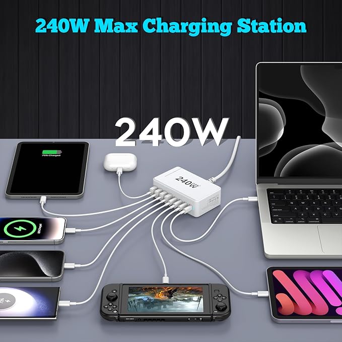 USB C Charger, 240W GaN 8 Port USB Fast Block, PD100W Multi-Port Charging Station, Power Adapter Plug for Samsung/iPhone/Google, Laptop Charger for MacBook Pro/Air