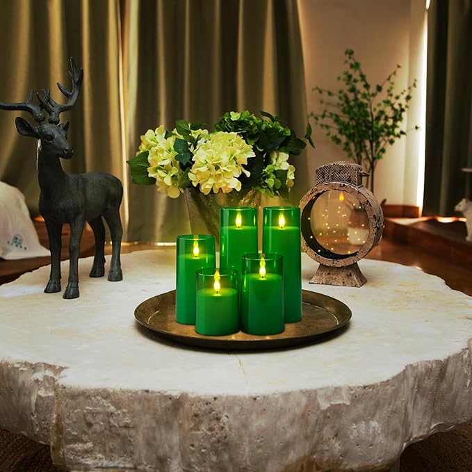 Homemory Green Flickering Flameless Candles, Battery Operated Acrylic LED Pillar Candles with Remote Control and Timer, Set of 5, St. Patrick's Day