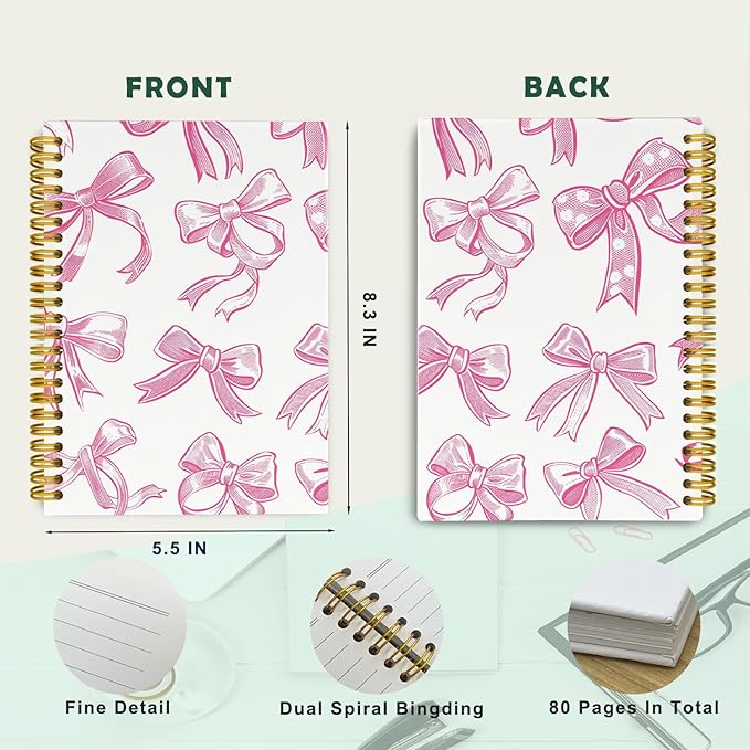 Trendy Coquette Pink Bow Jonrnaling Notebooks, Aesthetic Spiral Notebook for Girls, Preppy Pink Journal Notebook, Pink Office Supplies, Hardcover Spiral Notebooks College Ruled 5.5 x 8.3