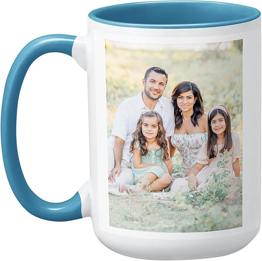Let's Make Memories Personalized Photo Mug - Custom Coffee Mug - Your Photo - For Any Occasion - Birthday - For Him - For Her - For Friend - Couples -15oz- Light Blue Handle