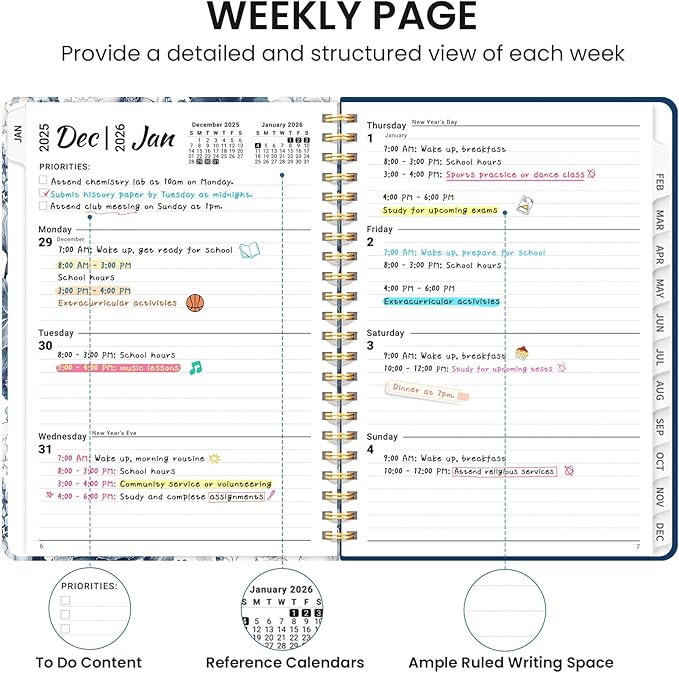2026 Planner, Monthly and Weekly Calendar Planner for Women, Jan 2026 - Dec 2026, Hardcover Pretty 2026 Agenda Planner Book with Tabs, Spiral Bound, Perfect for School Office Home Supplies, 6.3" x 8.5" - Blue Floral