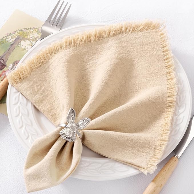 12 Pack Champagne Cotton Linen Napkins with Fringe Spring Cloth Napkins Set of 12 Boho Handmade Dinner Napkins Bulk for Wedding Bridal Baby Shower Valentine's Day, 17 x 17 Inches