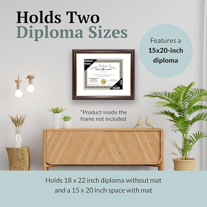 Creative Picture Frames 15x20 Mahogany Gold Rim Diploma Frame with White Mat Glass and Installed Wall Hangers | Frame Holds 18x22 Media without Mat