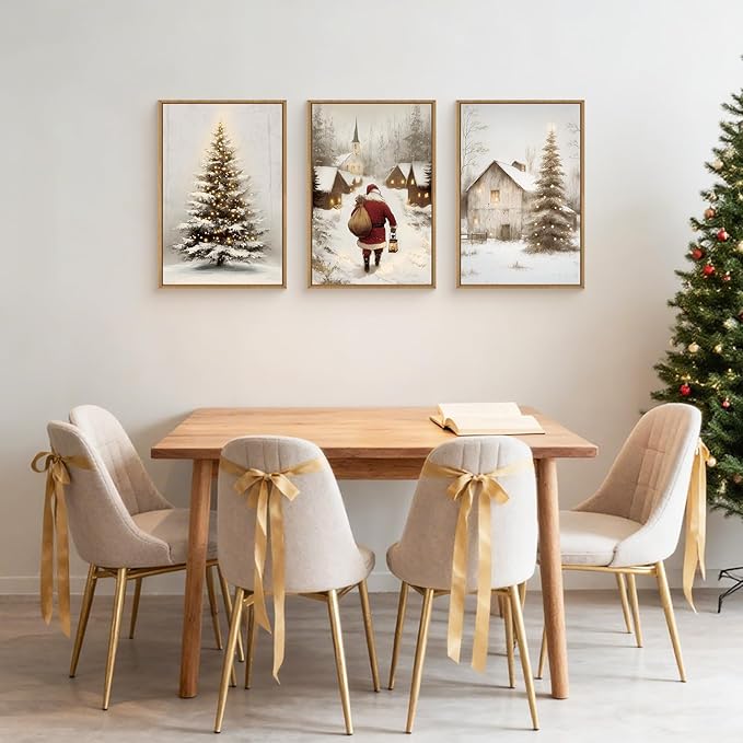 KAIRNE 3 Piece Christmas Wall Art Set, Christmas Pine Trees Landscape Canvas Art Prints, Santa Claus Snowy Village Scenes Artwork, Xmas Eve Decor for Living Room Bedroom Winter Home Decor 16×24 inch
