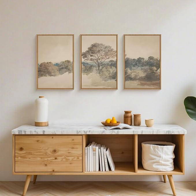 Vintage Forest Scenery Framed Canvas Wall Art Set,Beige Tree Landscape Wall Decor,Neutral Woodland Art Prints,Natural Botanical Artwork for Living Room, Bedroom,Farmhouse-16 x24 x3