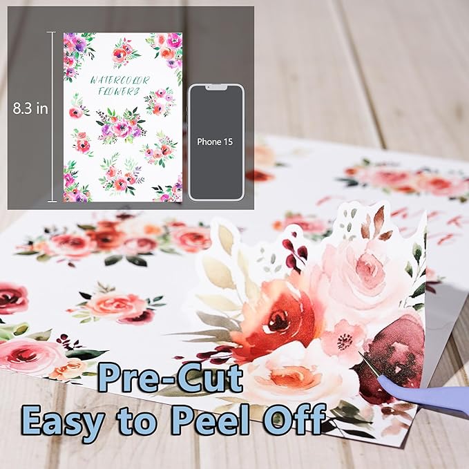 YagCu Vintage Watercolor Floral Sticker Book, Pre-Cut Stickers for Journaling, Assorted Washi Paper PET Materials, Junk Journal Supplies, Scrapbooking Crafts Arts