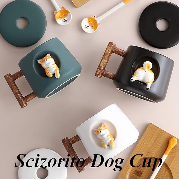 Cute Dog Couple Cup, Ceramic Coffee Mug with a Lid, Paws on the Top of the Spoon, Cute Shiba Lnu Three-dimensional Design, with Matte Texture, (420ML Black Head)