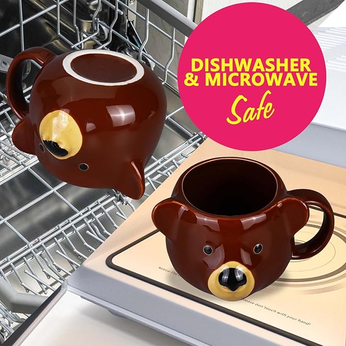 Bear Mug 14 oz Ceramic Coffee Mug 3D Porcelain Tea Cup for Women & Men - Kawaii Bear Gifts for Christmas, Housewarming, Birthday - Brown