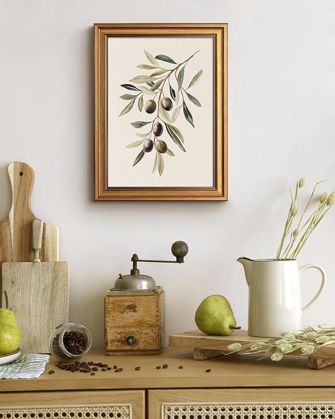 Bzstyleart Vintage Wall Art Decor for Bedroom,Watercolor Olive Branch Botanical Wall Art,Gold Framed Artwork,Vintage Botanical Prints,Room Decor Aesthetic for Kitchen,12 x 16 Inch