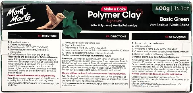 Mont Marte Make n Bake Polymer Clay Signature Basic Green 400g (14.1oz) Block, Bake in Oven, Soft and Smooth, Sculpting, Craft, DIY Décor, Jewelry