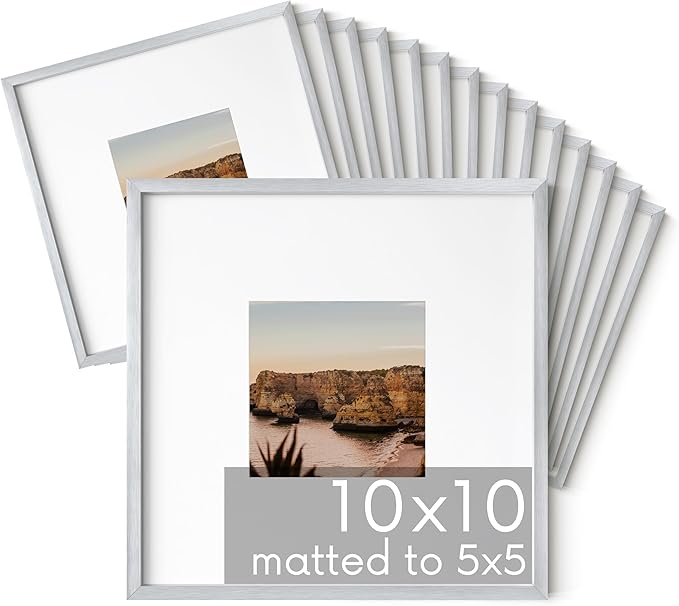 HAUS AND HUES 10x10 Silver Metal Picture Frames Matted to 5x5 - Features Premium Aluminum & Hanging Hardware, Shatterproof Plexiglass - Ideal for Home, Room, Office (10x10 in, Silver, Set of 15)