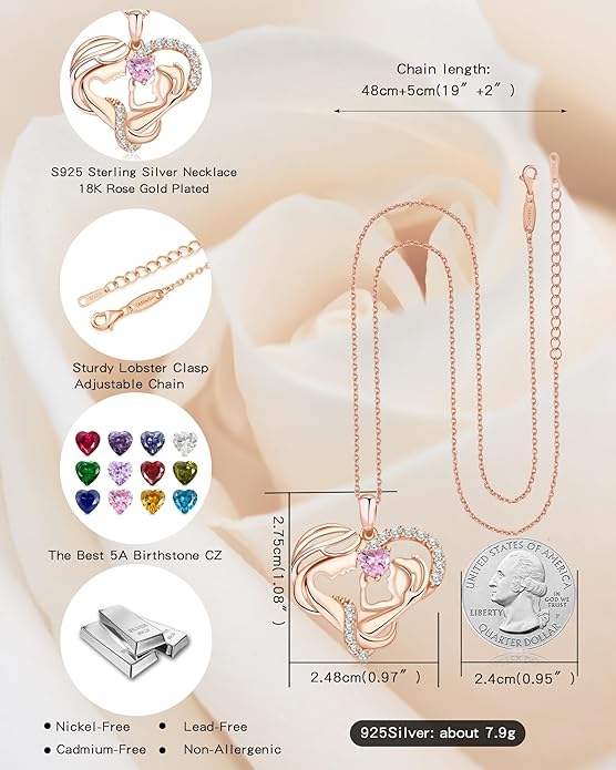 Mothers Day Gifts for Mom - Rose Heart Necklaces for Women, 925 Sterling Silver Birthstone Jewelry to My Wife Necklace, Birthday Gifts for Mother Grandma Girlfriend Her