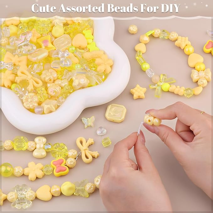 200-260PCS TINKRSTUFF Assorted Acrylic Beads Yellow Cute Beads for Bracelet Making, Bow Aesthetic GummyBear Flower Candy Butterfly Kawaii Charms for Jewelry Making DIY Necklace Keychain Phone Charm