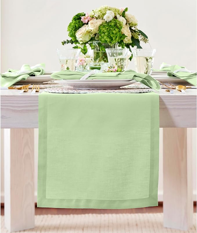 Solino Home Linen Table Runner 72 Inches Long - 100% Pure Linen Pastel Green Table Runner 14 x 72 Inch for Spring, St Patricks Day, Easter - Fete
