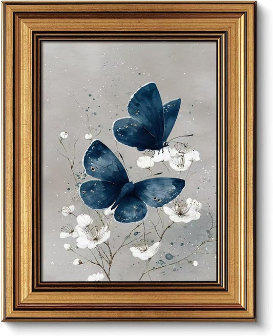 okudolit Gold Framed Navy Blue Butterfly Canvas Wall Art Print White Flower Botanical Painting Boho Neutral Insect Gray Vintage Moth Artwork Wall Decor for Living Room Bedroom Bathroom 8x10in