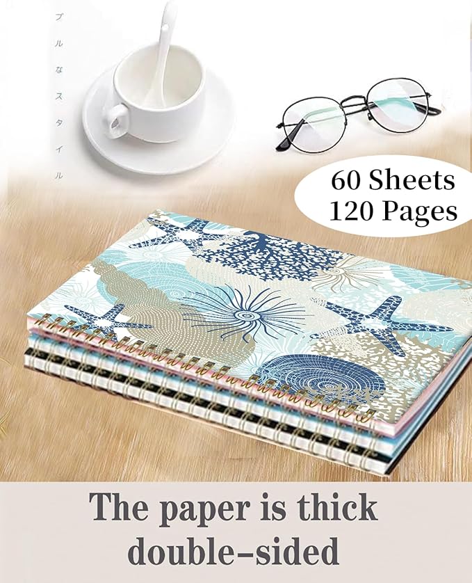 Spiral Journal Notebook,A5 Hardcover Lined Journals for Women 6 x 8.3 in,60 Sheets 120 Pages Thick Paper,Cute College Ruled Writing Notebook for Office Work School(Cute Algae Corals Seashells)