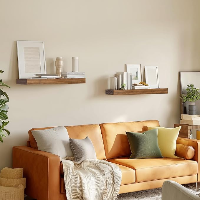 Floating Wall Shelf 16x6.8x1.7 Inch – Solid Wood Shelf in Dark Oak Finish – Wall Mounted Rustic Display Organizer for Bathroom, Kitchen, Bedroom, Small Spaces – Set of 2