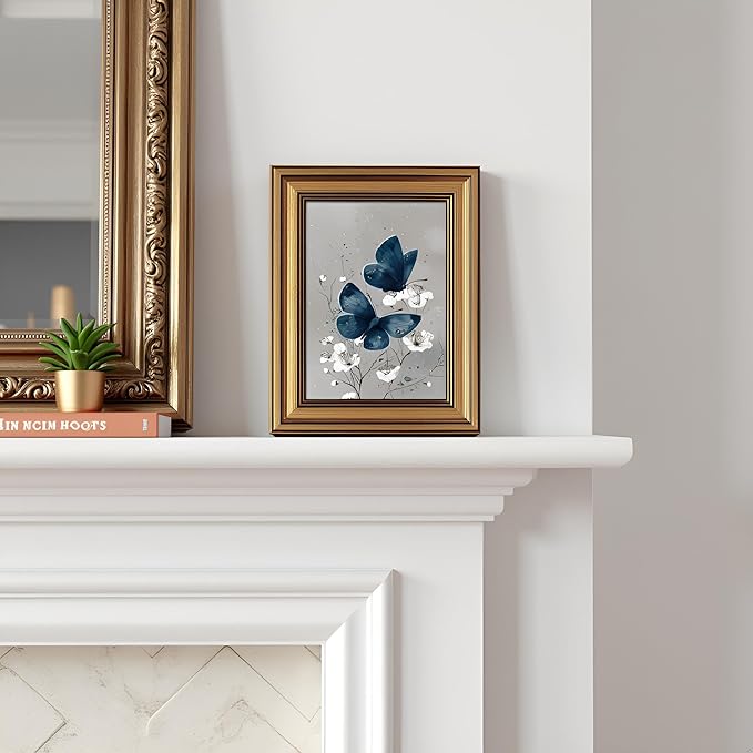 okudolit Gold Framed Navy Blue Butterfly Canvas Wall Art Print White Flower Botanical Painting Boho Neutral Insect Gray Vintage Moth Artwork Wall Decor for Living Room Bedroom Bathroom 8x10in
