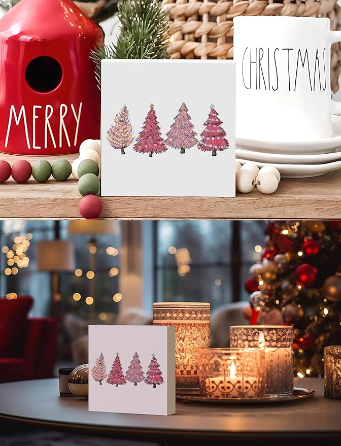 Preppy Pink Christmas Tree Wooden Box Sign, Pink Christmas Decorations, Glitter Xmas Tree Holiday Wood Signs for Home Office Desk Shelf Tabletop Decor, 5x5 Inch Decorative Signage