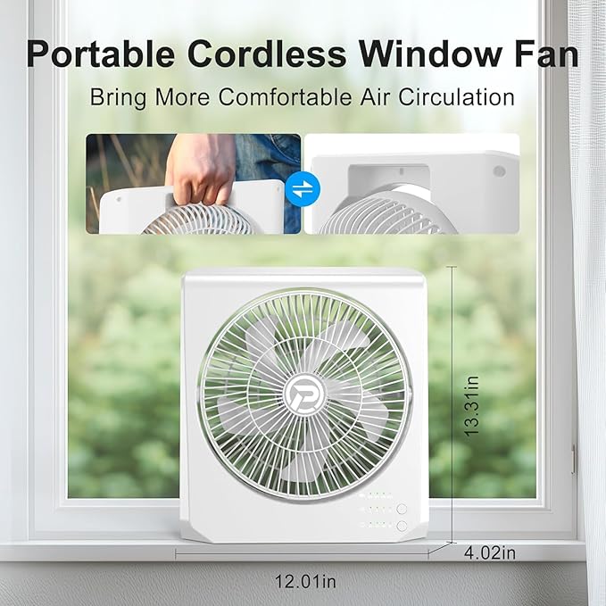 PANERGY 20000mAh Rechargeable Battery Powered Fan - 10" Square Box Fan with 55H Runtime, 4 Speeds & Timer, 270° Pivot, Cordless & Portable for Home, Patio, Camping, Travel, Power Outages (No Remote)
