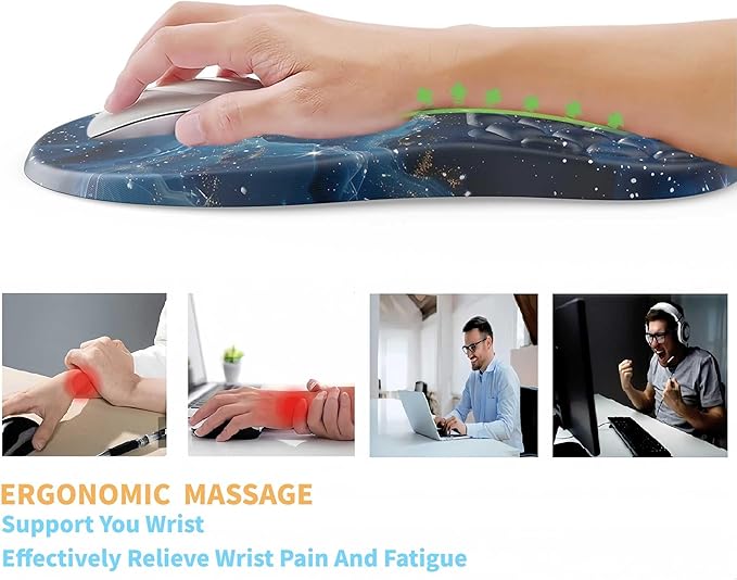 Ergonomic Mouse Pad Wrist Support,Blue Space Wrist Rest Mousepad for Carpal Tunnel Pain Relief,Integrated Memory Foam Slope Massage Bulge Design