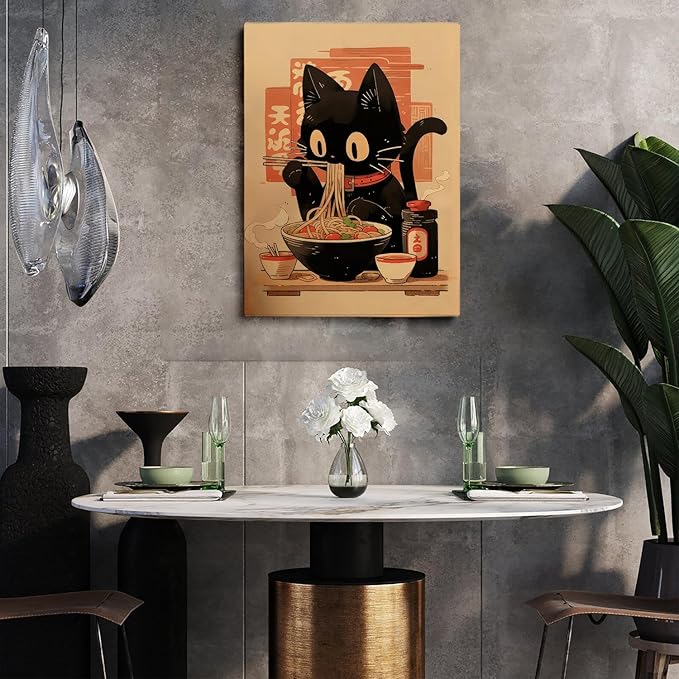 Noodle Black Cat Poster,Tonkine Cat Print,Edo Period Ramen Noodles Art,Ramen Stall Print,Vintage Ramen Print,Japan Black Cat Poster,Eating Hungry Cat For,Kitchen Wall Art24x36Unframed