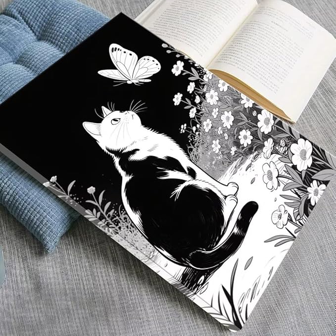 Cats Butterflies in Flowers Canvas Poster Vintage Minimalist Nature Wall Art Trendy Black White Aesthetic Painting Prints Modern Animal Home Decor for Bedroom Living Room 12x16inch Framed