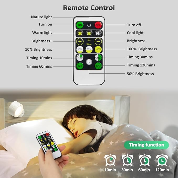 LED Wall Sconces 2 Pcs with Remote, Wall Mounted Lights Rechargeable Battery Operated, 3 Color Temperatures & Dimmable Wall Lamp Magnetic 360° Rotation Light for Bedroom Living Room