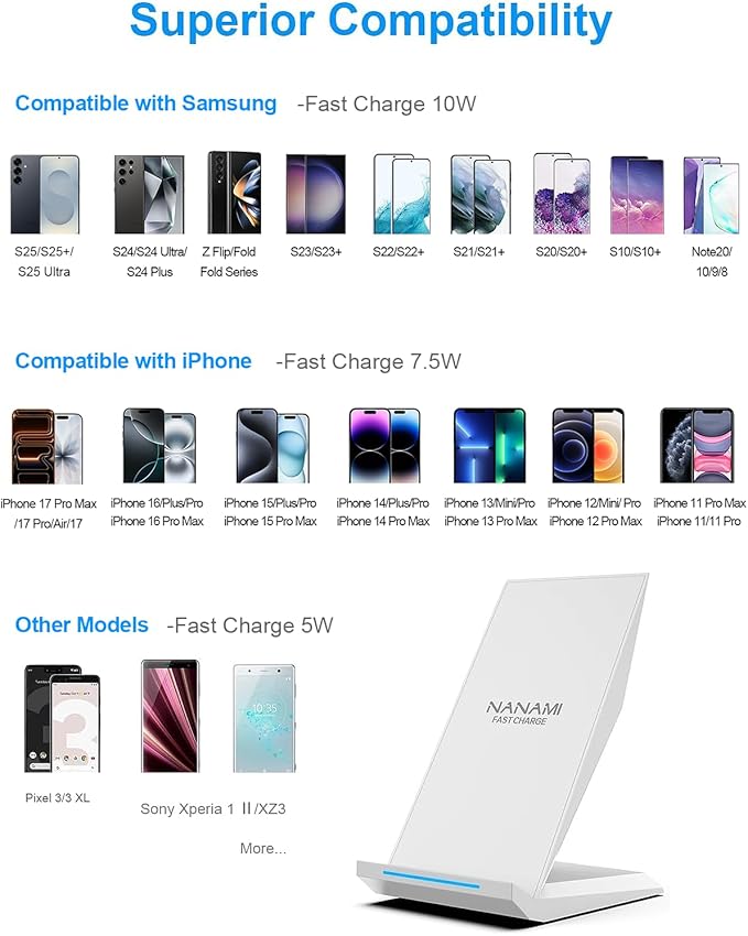 Fast Wireless Charger, [2 Pack] NANAMI Qi Certified Wireless Charging Stand for iPhone 17/17 Air/17 Pro/17 Pro Max/16/15/14/13/12,10W for Samsung Galaxy S25/S25+/S25 Ultra/S24/S23/S22, Pixel 6/5/4XL