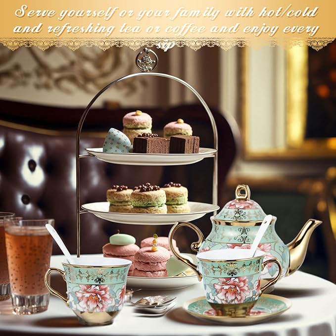 Zhehao 20 Pcs Porcelain Tea Set with Metal Holder and Spoon Adult Ceramic Tea Set European Flower Painting Teapot Cup Saucer Spoon for Women, Large Version(Fresh Style)