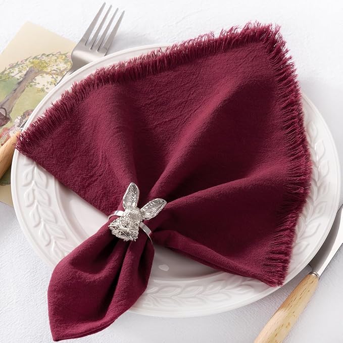 6 Pack Burgundy Red Cotton Linen Napkins with Fringe Christmas Red Cloth Napkins Set of 6 Boho Handmade Dinner Napkins Bulk for Wedding Bridal Baby Shower Valentine's Day, 17 x 17 Inches
