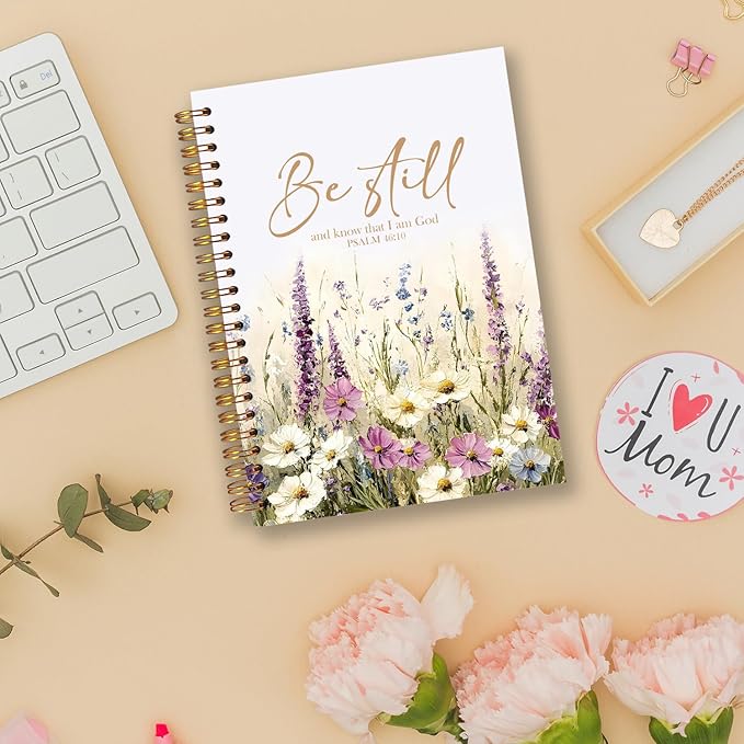 Wildflower Christian Spiral Notebooks, Be Still and Know That I Am God Bible Journal, Psalm 46:10 Scripture Journals for Writing, Religious Notebook for Note Taking, 5.5x8.3 Inch